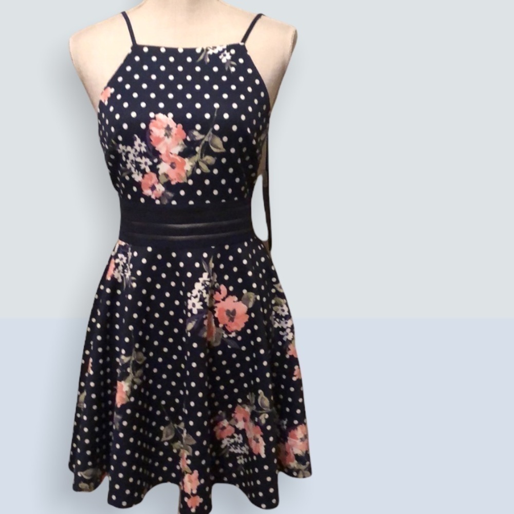 City Studio fit and flare black dress with pink, sz7